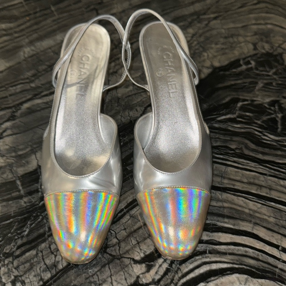 CHANEL Silver Slingback Heels with Holographic Cap Toe